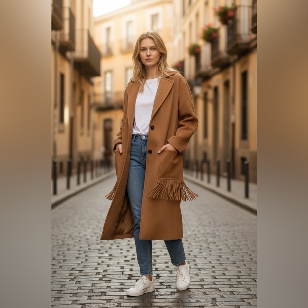 Apparis Eleanor Camel Fringe Trench Coat size small